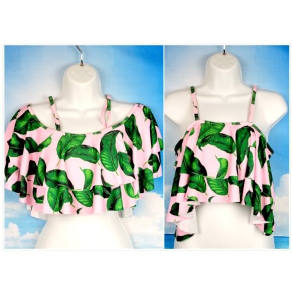 PINK with Green Fern print OFF/COLD Shoulder RUFFLE removable adj straps size Sm - Picture 1 of 7